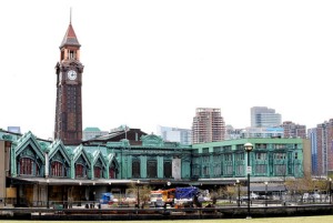 The renovated clock tower at the Hoboken Terminal that was completed with the addition of a steeple yesterday, Wednesday, April 2, 2008. Photo taken Thursday, April 3, 2008. -- REENA ROSE SIBAYAN / THE JERSEY JOURNAL